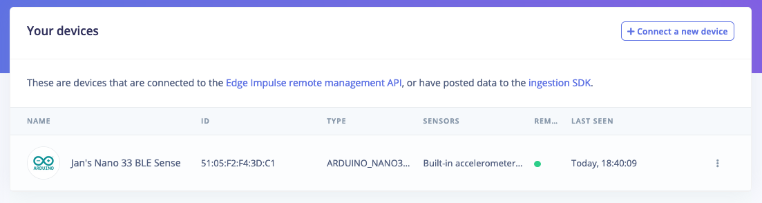 Devices page listing the Arduino Nano 33 BLE Sense as connected