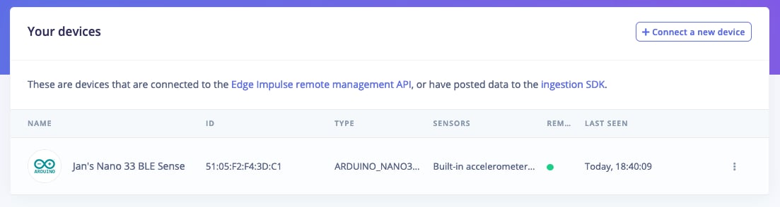 Devices page listing the Arduino Nano 33 BLE Sense as connected