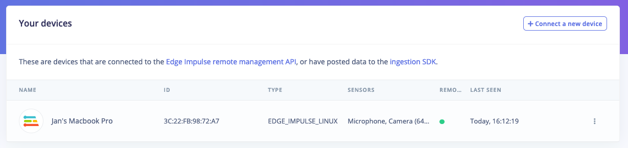 Devices page listing the Mac connected to the Edge Impulse project