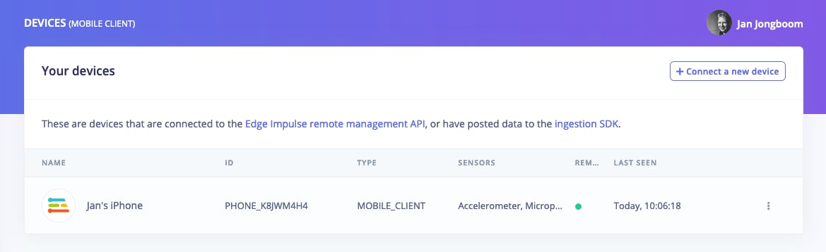 Devices page listing the mobile phone as a connected device