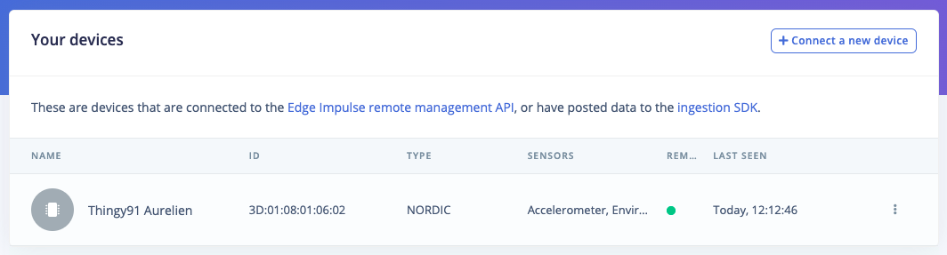 The Devices page listing the Thingy:91 as connected