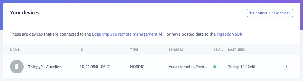 The Devices page listing the Thingy:91 as connected