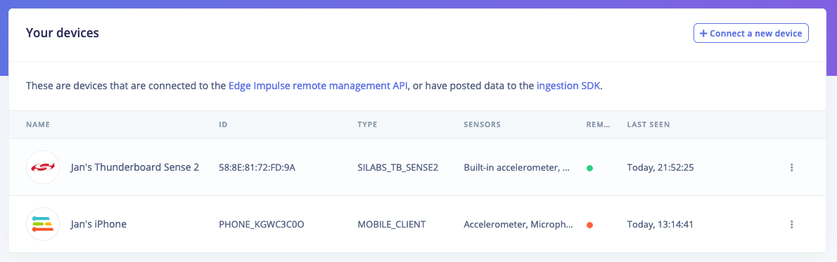 The Devices page with a board connected through remote management