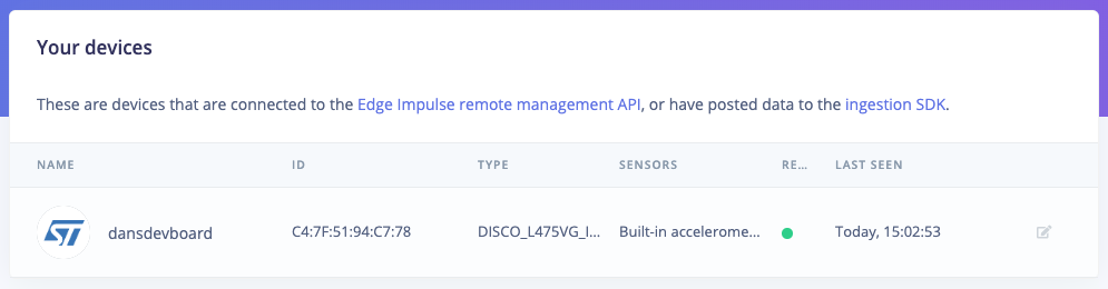 Devices page with a connected device ready for audio sampling
