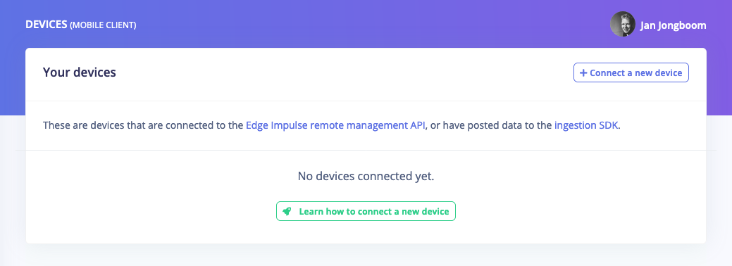 Devices page with the Connect a new device button for adding a mobile phone