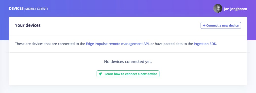 Devices page with the Connect a new device button for adding a mobile phone