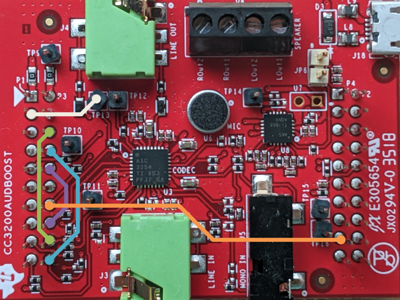 Diagram of CC3200AUDBOOST jumper connections to the CC1352P Launchpad