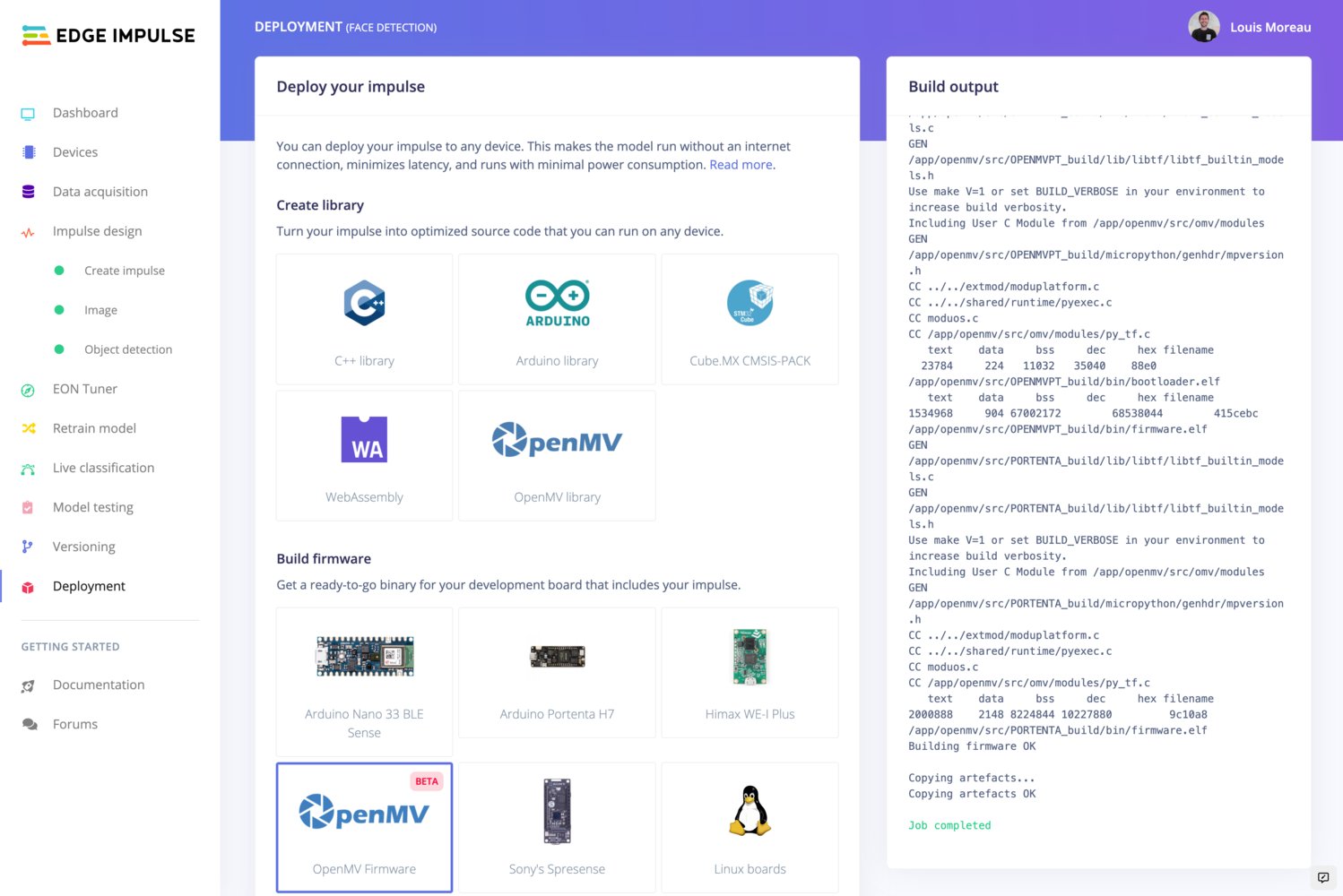 Edge Impulse Deployment page with OpenMV firmware selected for building a firmware package