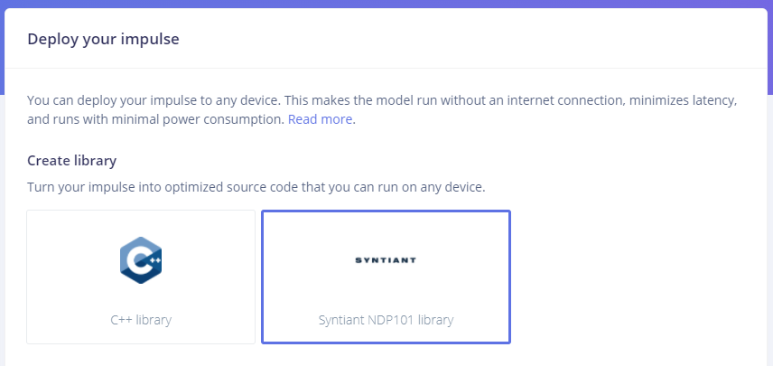 Edge Impulse deployment page with the Syntiant NDP101 library export option selected