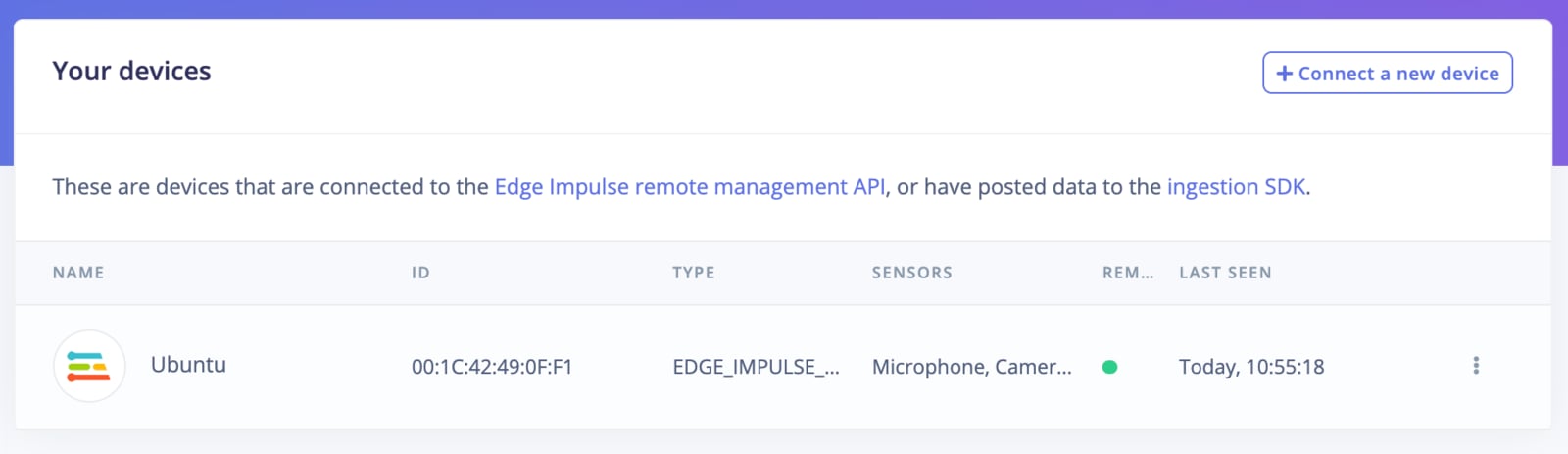 Edge Impulse Devices page showing a connected Linux device