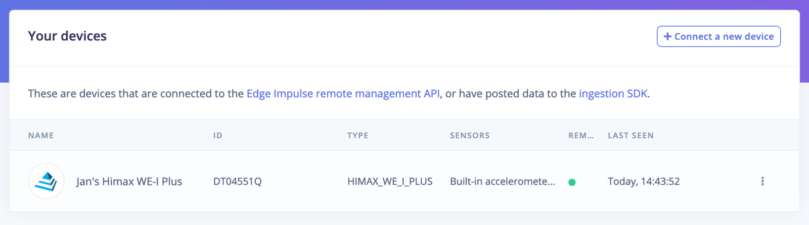 Edge Impulse Devices page showing the Himax WE-I Plus connected
