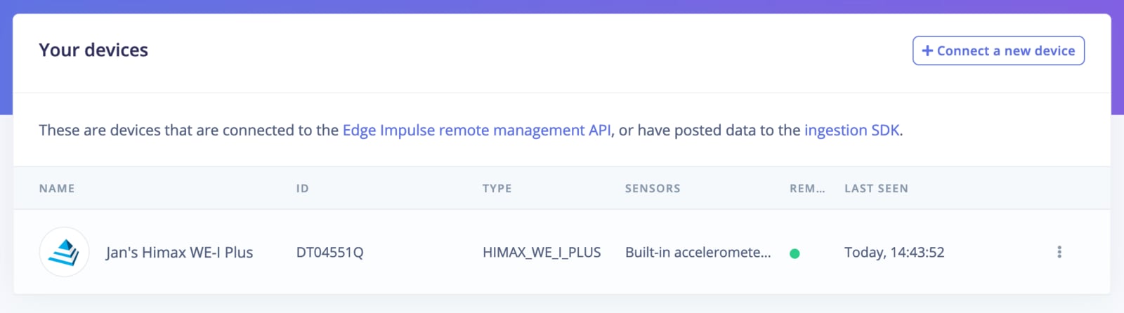 Edge Impulse Devices page showing the Himax WE-I Plus connected