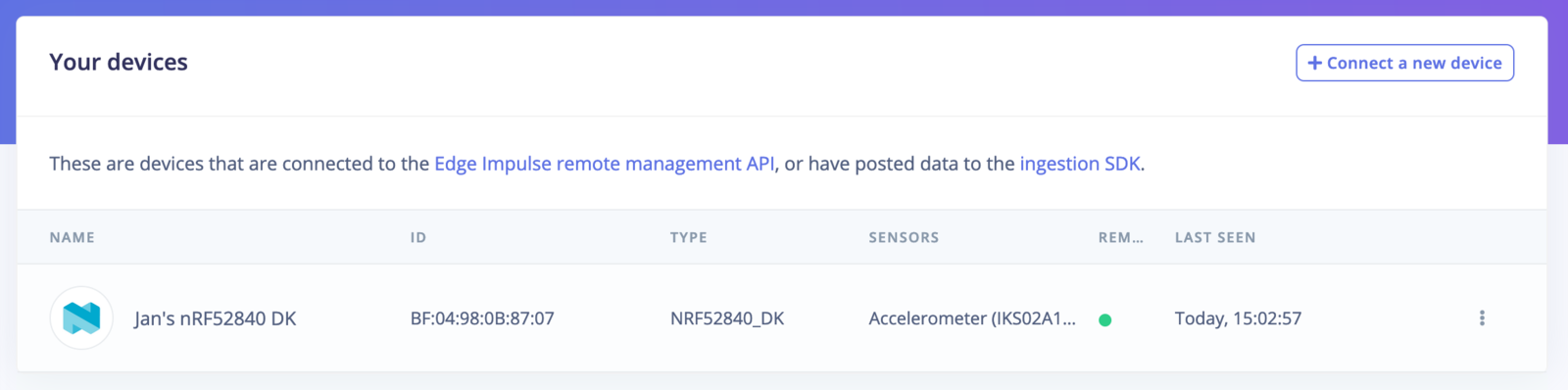 Edge Impulse Devices page showing the nRF52840 DK connected