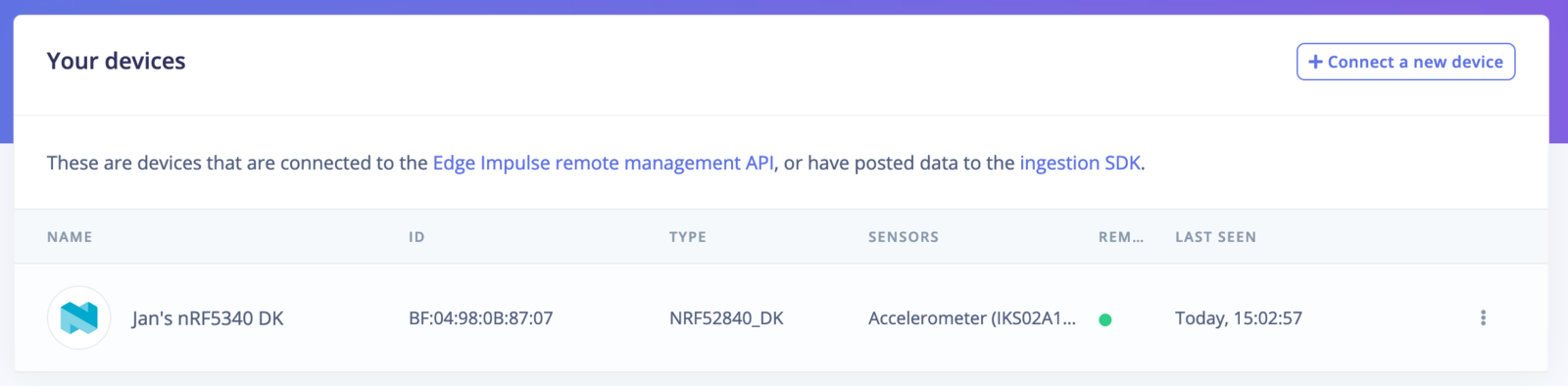 Edge Impulse Devices page showing the nRF5340 DK connected