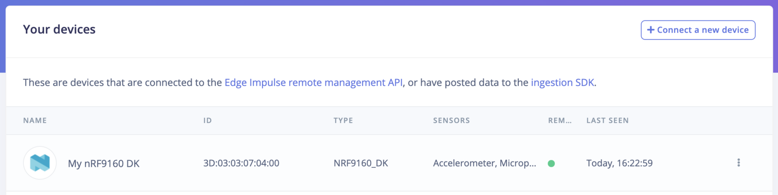 Edge Impulse Devices page showing the nRF9160 DK connected