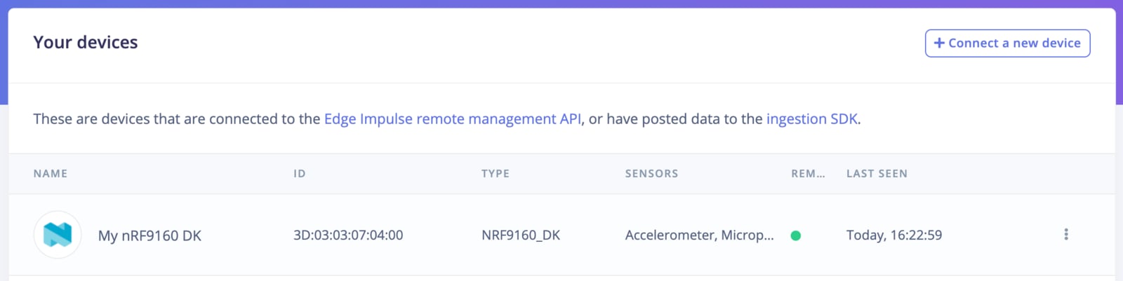 Edge Impulse Devices page showing the nRF9160 DK connected