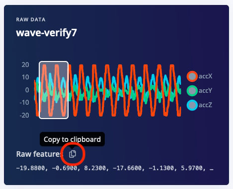 Edge Impulse Live classification page with the raw features copy button