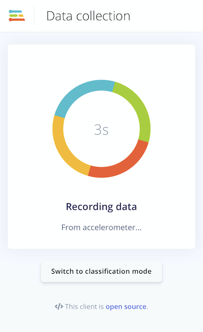 Mobile client collecting accelerometer samples with sensor axes displayed