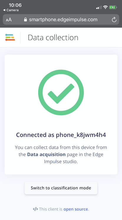 Mobile client showing a connected status after device registration