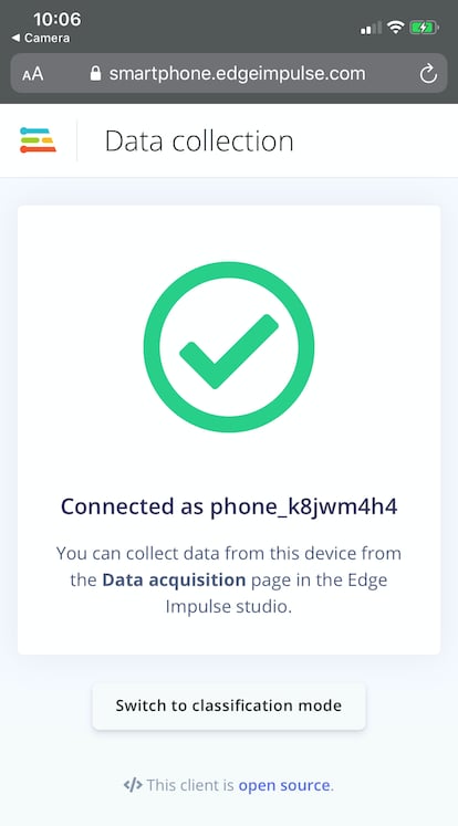 Mobile client showing a connected status after device registration