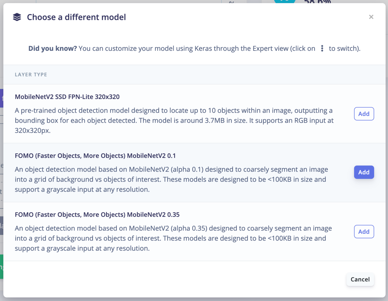 Model selection dialog with FOMO architectures available in Edge Impulse