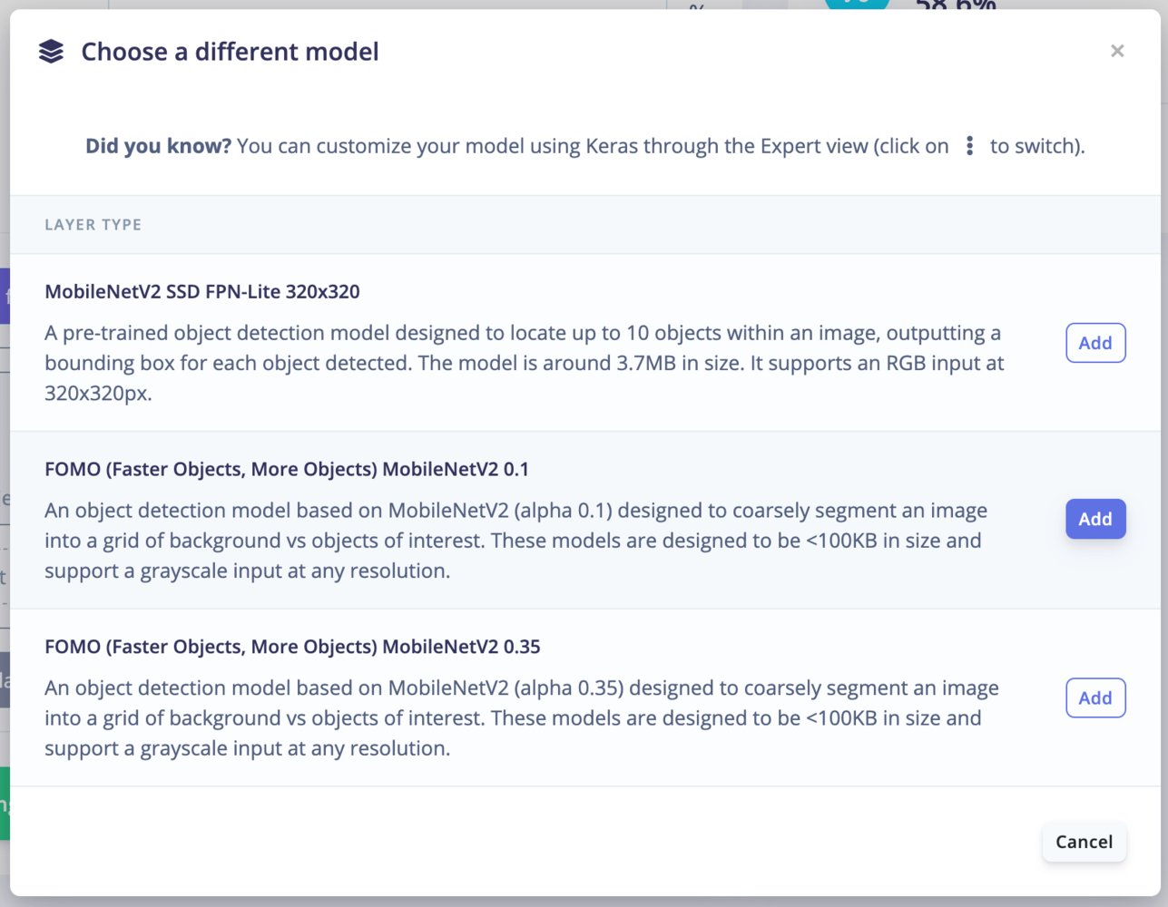 Model selection dialog with FOMO architectures available in Edge Impulse