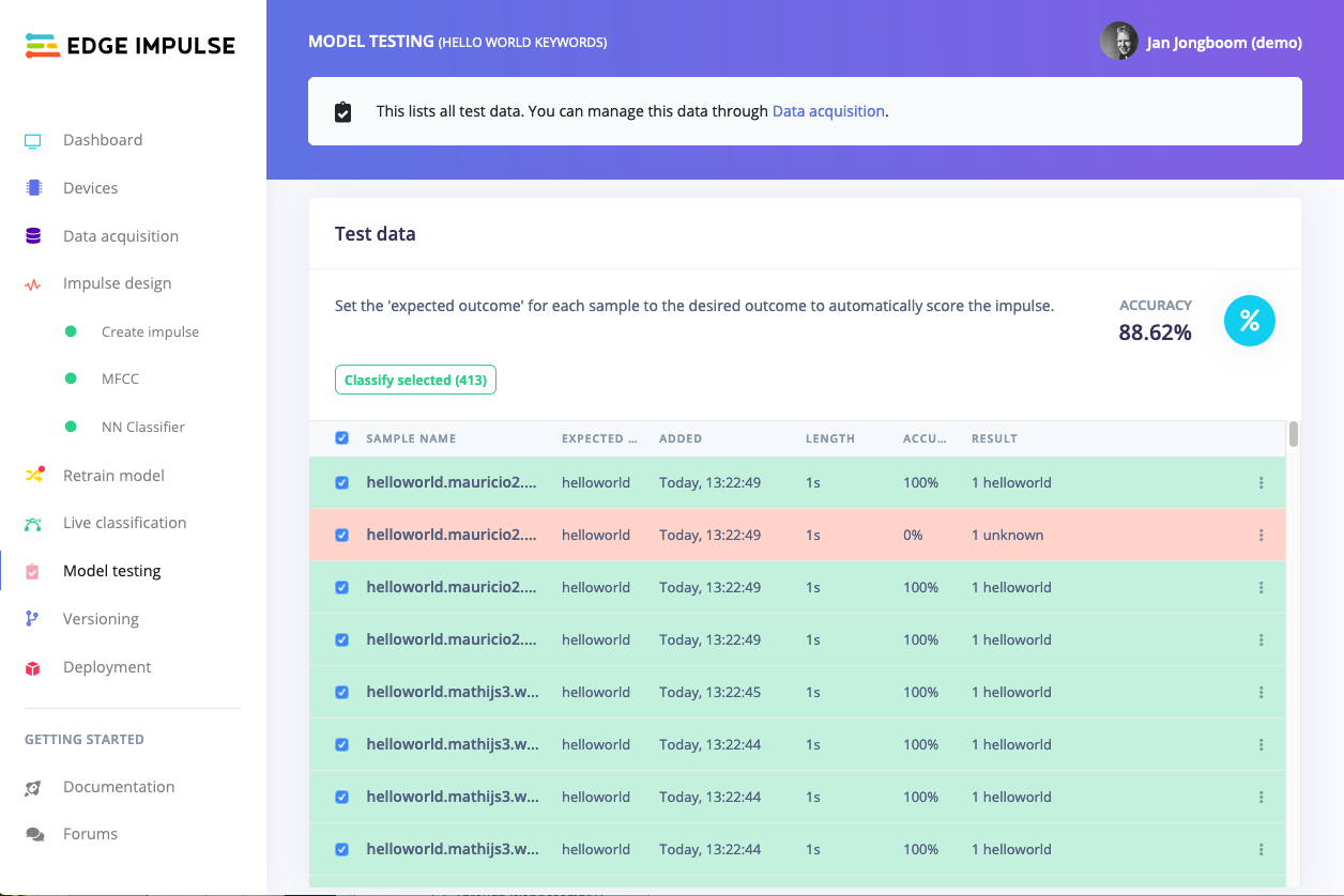 Model testing page with accuracy results for the audio test set