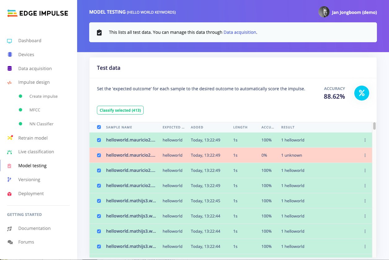 Model testing page with accuracy results for the audio test set