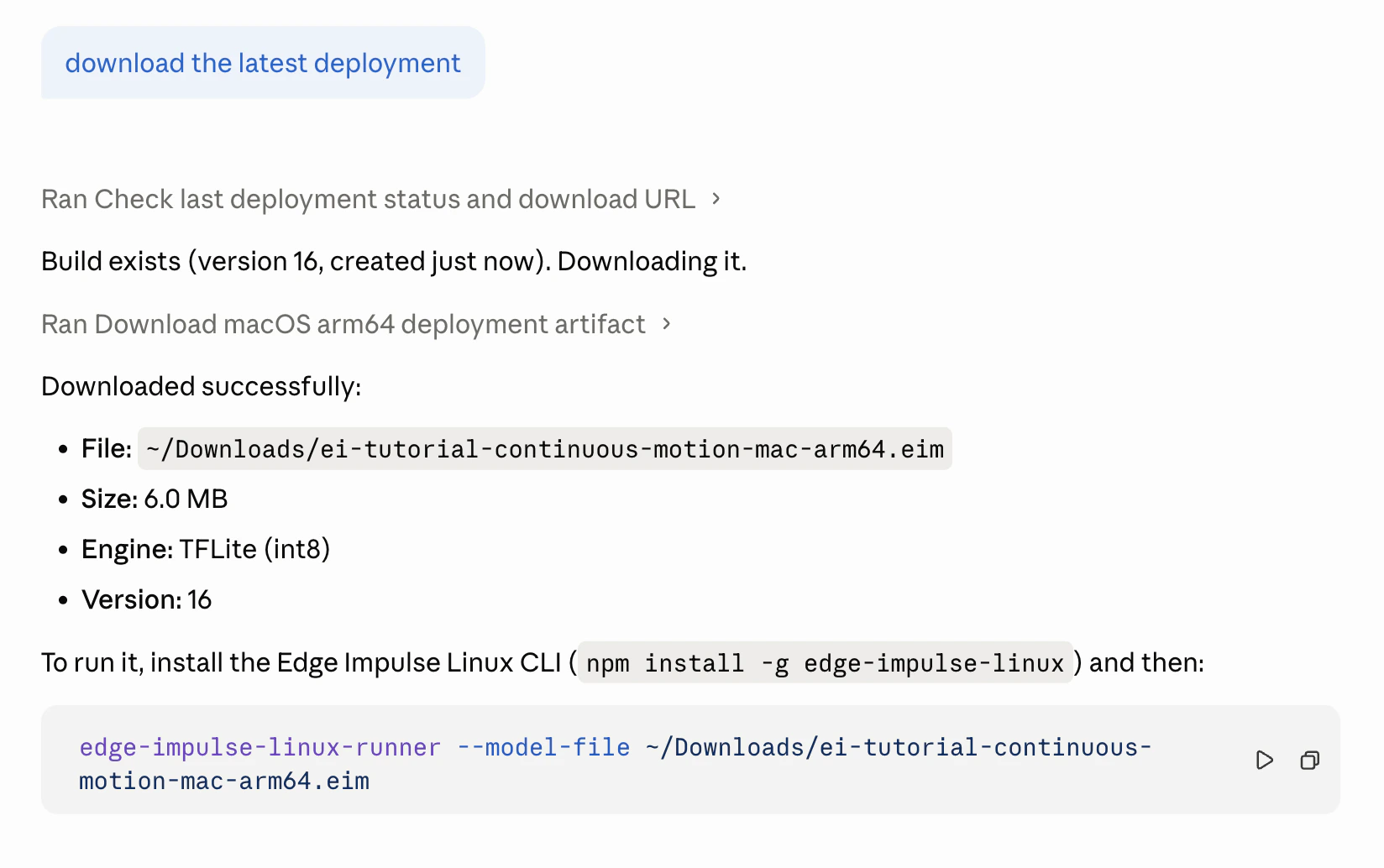 Claude Code terminal session using the edge-impulse skill to interact with an Edge Impulse project