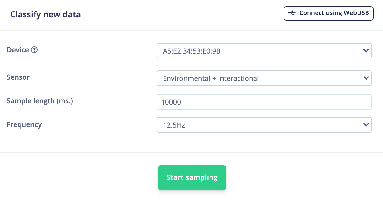 The Live classification page ready to classify streaming sensor data