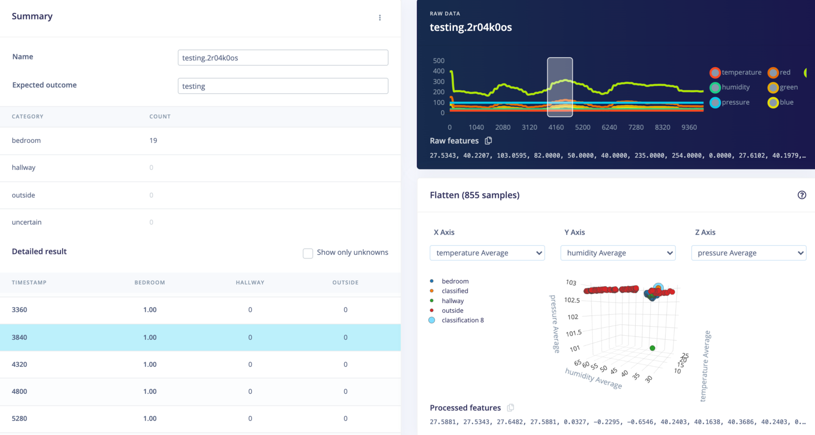 Live classification results from the connected sensor device