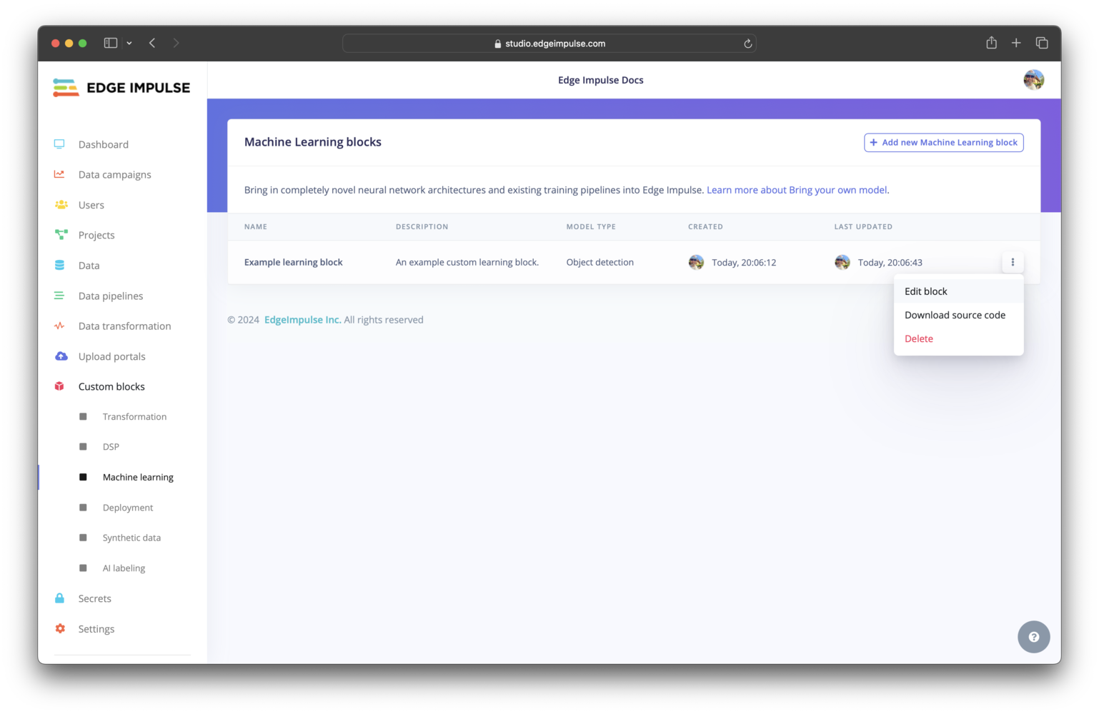 Custom blocks - Edge Impulse Documentation