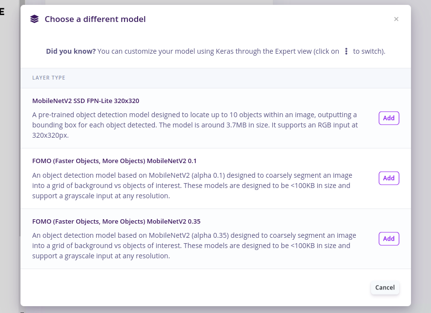 Object detection model selection panel with FOMO selected