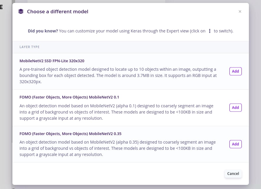 Object detection model selection panel with FOMO selected