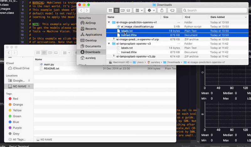 OpenMV Cam storage volume with trained.tflite and labels.txt copied from the deployment package