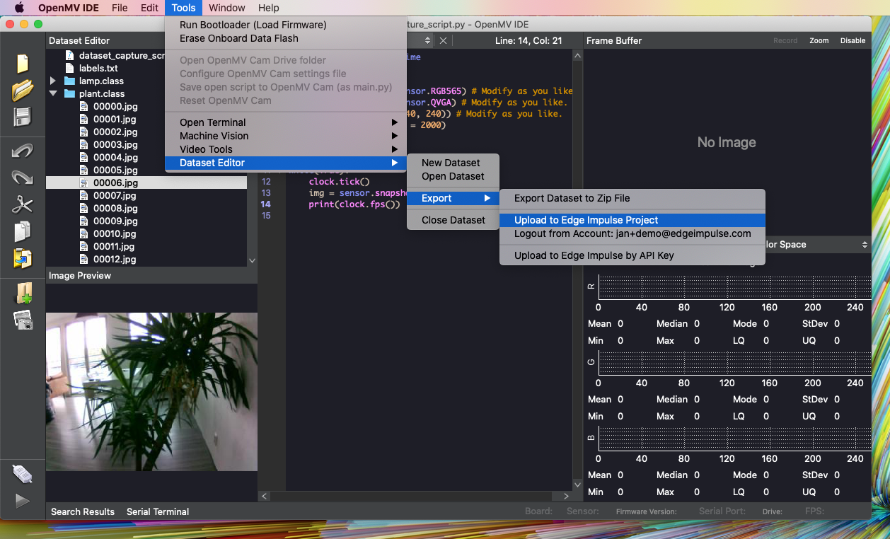 OpenMV Dataset Editor export menu with the upload to Edge Impulse option selected