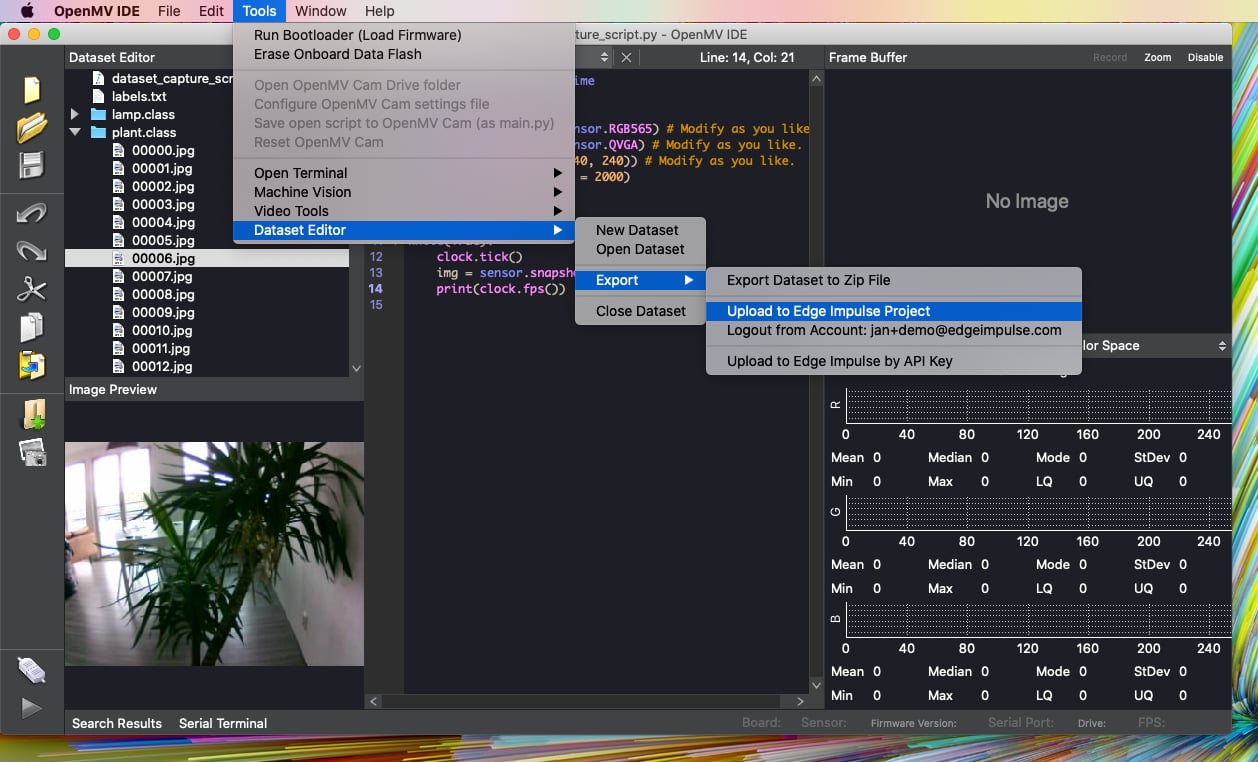 OpenMV Dataset Editor export menu with the upload to Edge Impulse option selected