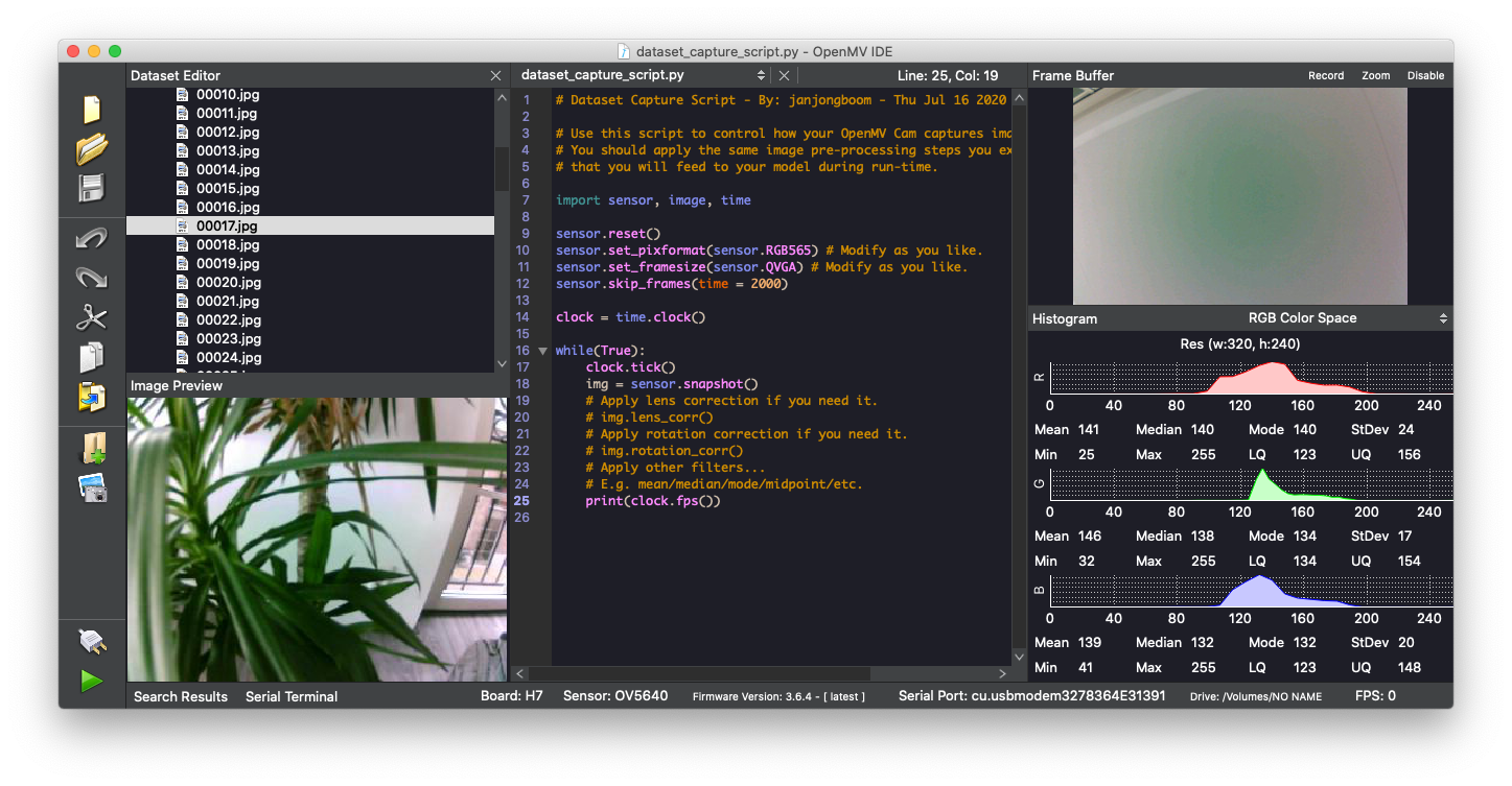 OpenMV IDE capturing a plant photo into the selected dataset class