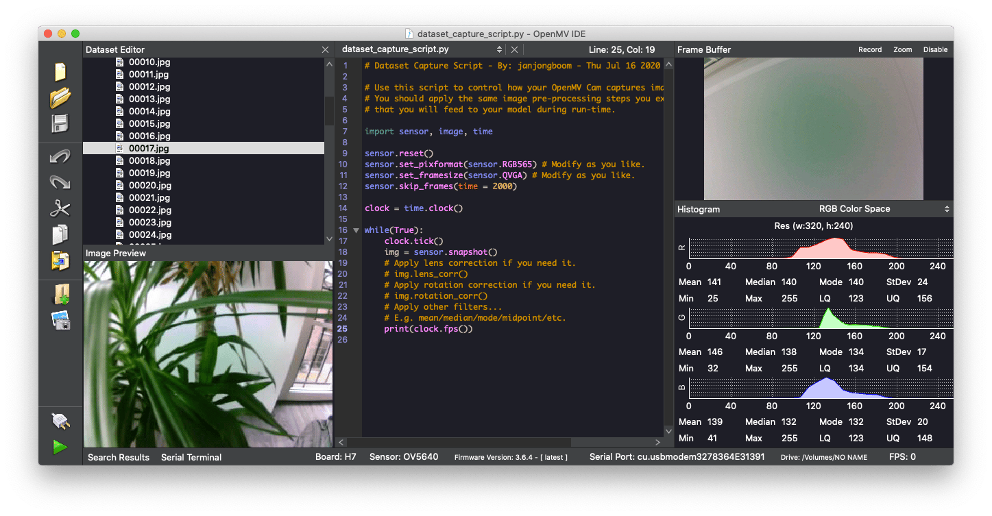 OpenMV IDE capturing a plant photo into the selected dataset class