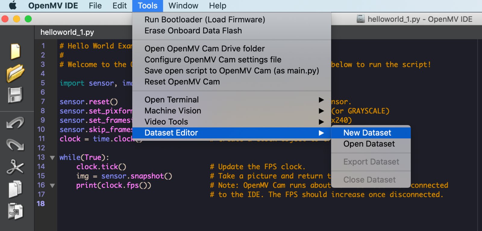 OpenMV IDE Dataset Editor menu opened to create a new image dataset
