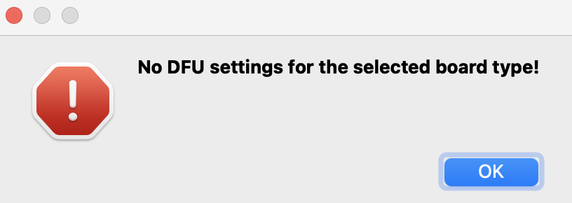 OpenMV IDE error dialog showing no DFU settings for the selected board type