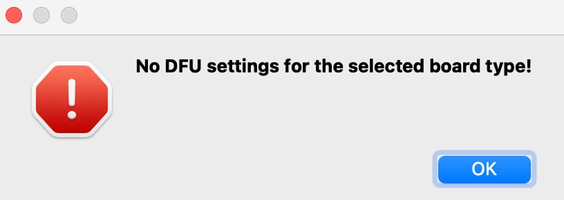 OpenMV IDE error dialog showing no DFU settings for the selected board type