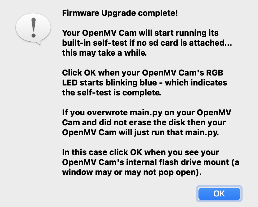 OpenMV IDE firmware update dialog reporting a successful flash operation