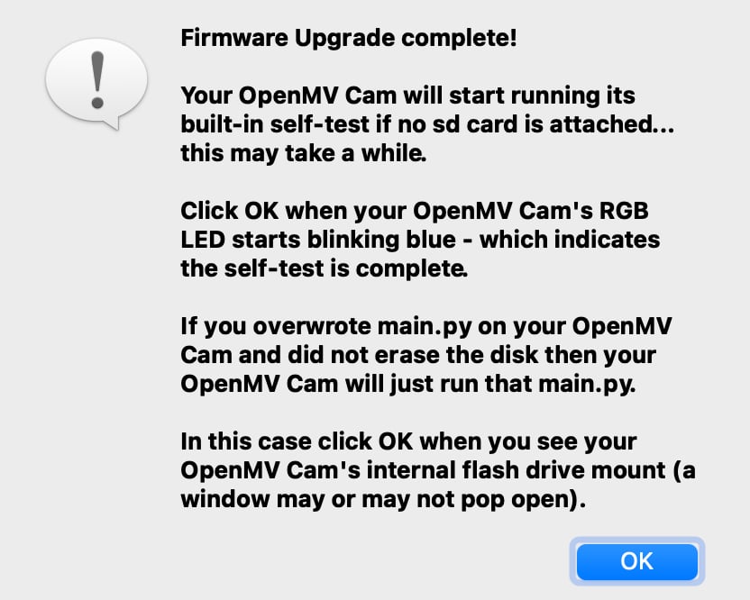 OpenMV IDE firmware update dialog reporting a successful flash operation