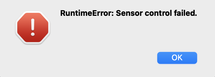 OpenMV IDE runtime error indicating that sensor control failed