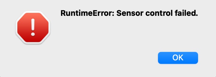 OpenMV IDE runtime error indicating that sensor control failed