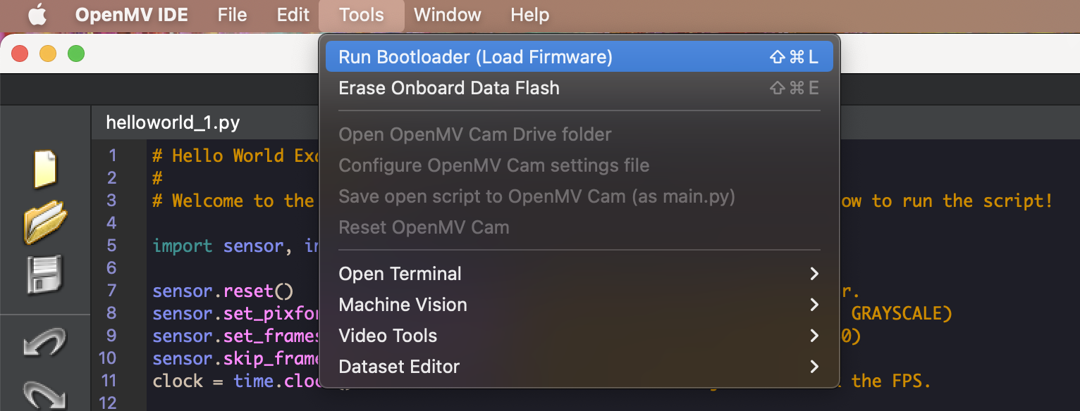 OpenMV IDE Tools menu with Run Bootloader (Load Firmware) selected