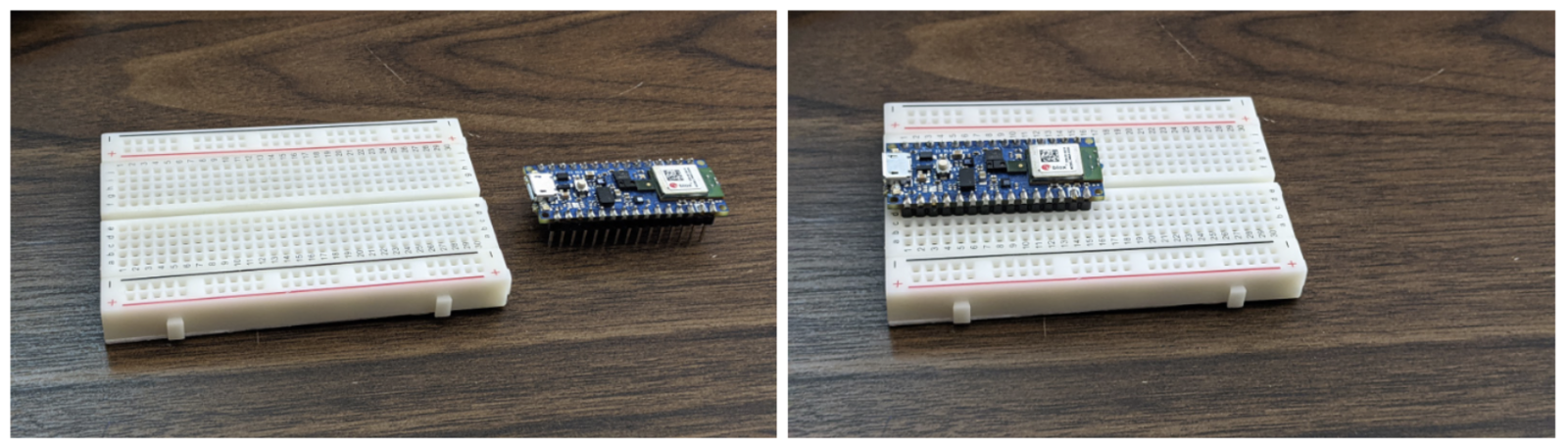 Arduino Nano 33 BLE Sense board with headers inserted into a breadboard