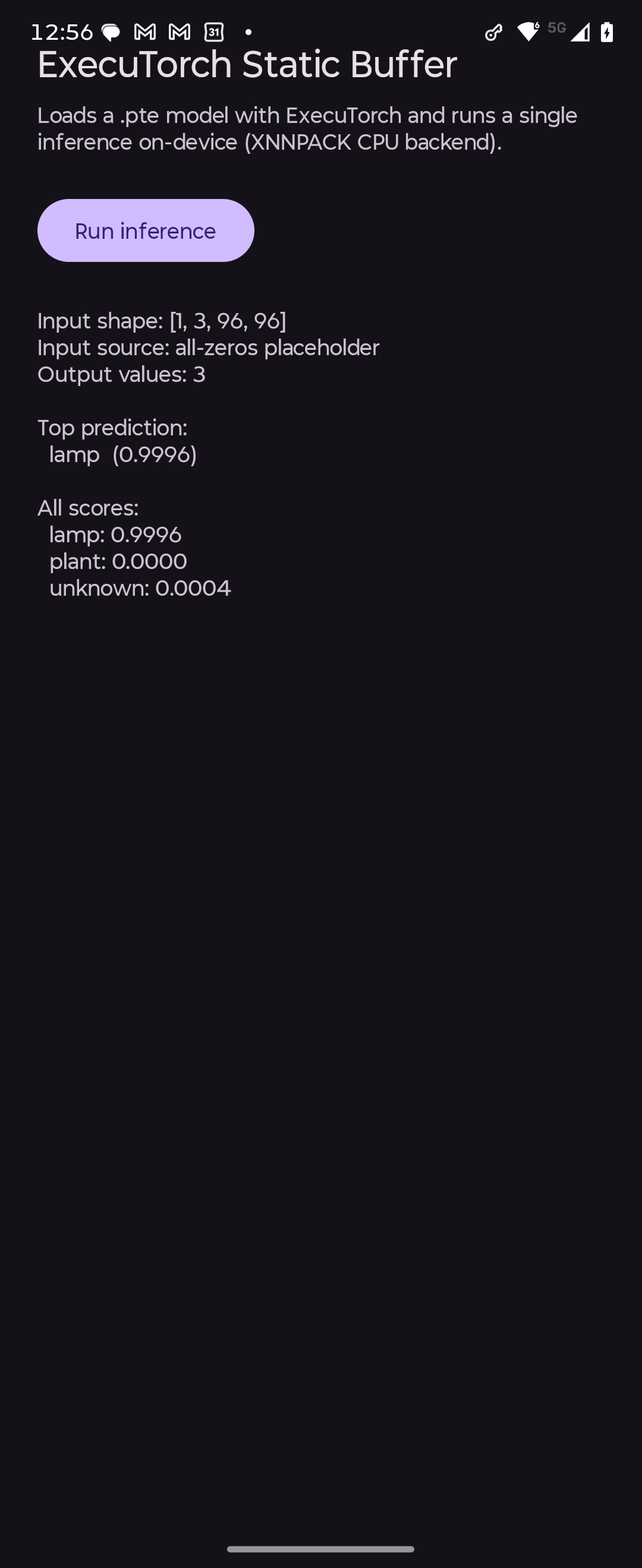 ExecuTorch static-buffer flavor showing the output scores after one inference
