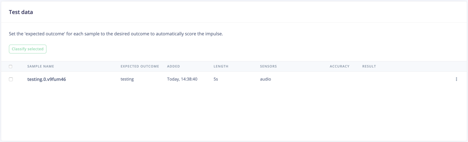 Test data panel listing audio samples for model testing